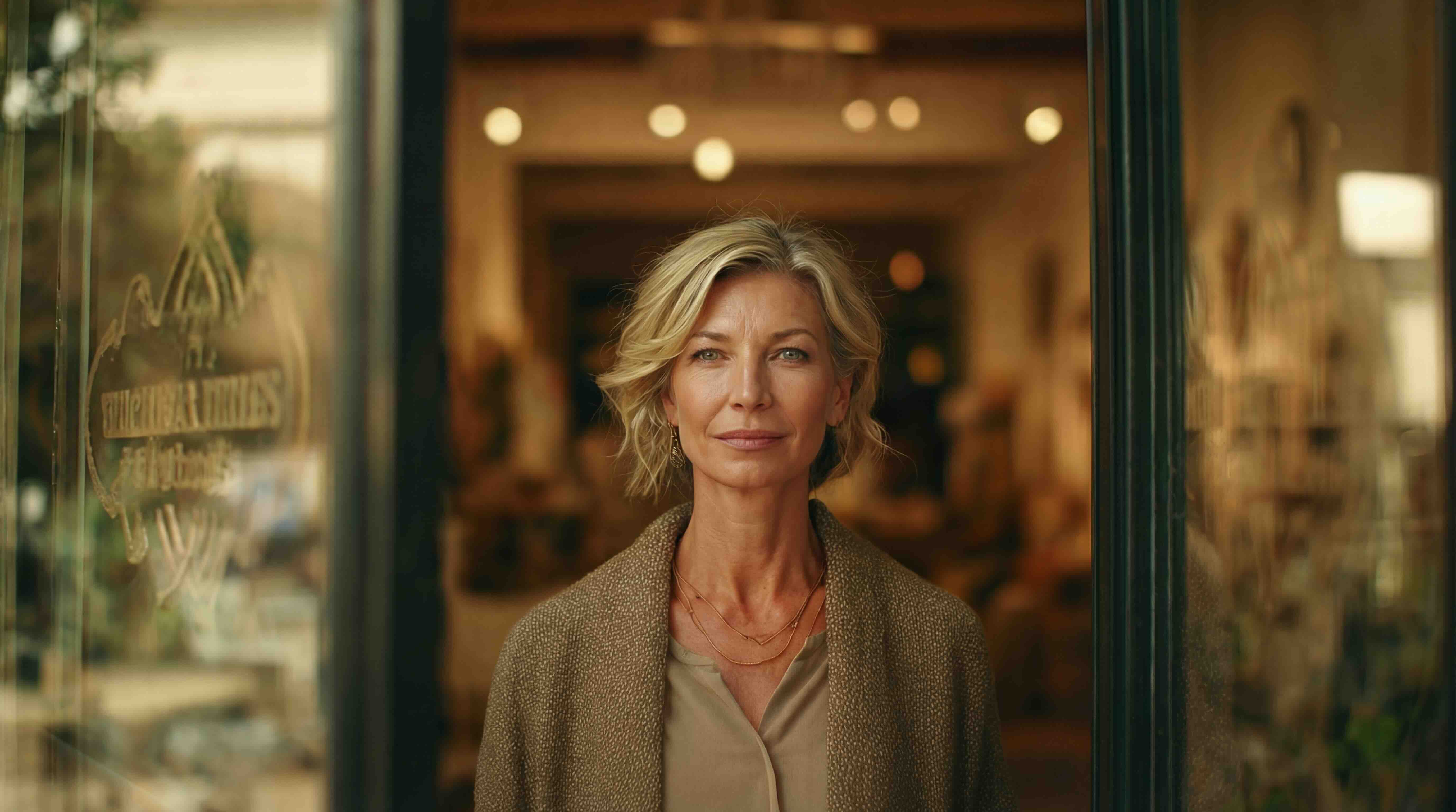 Client standing in the doorway of her store.